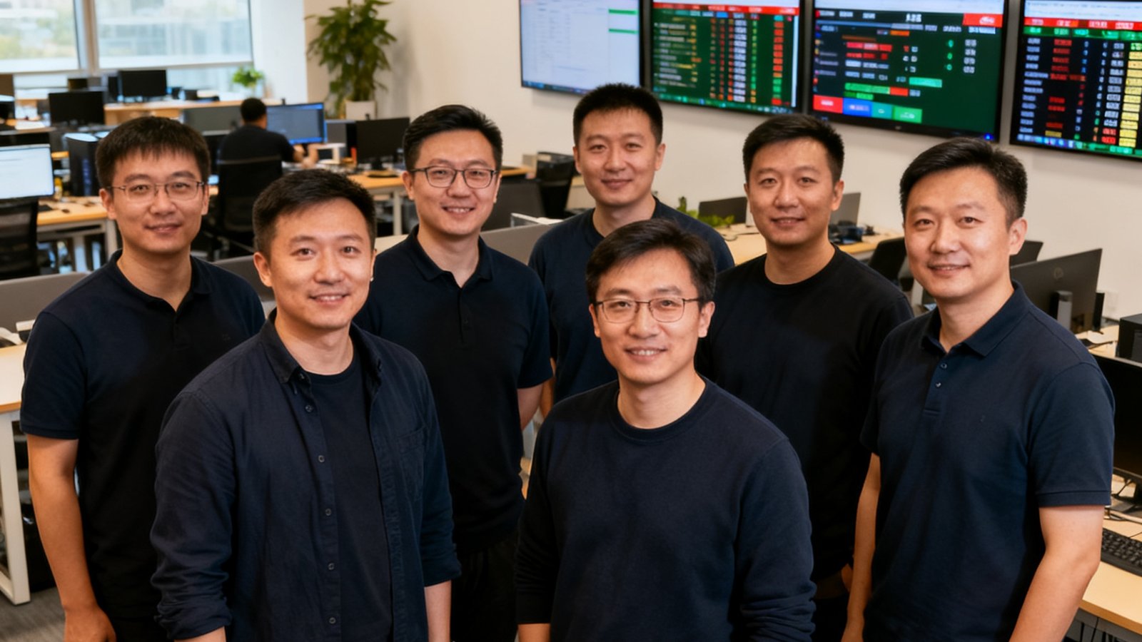 t足球创始团队7位核心成员在北京中关村办公室的合影，背景是开放式的技术研发区，墙面上挂着多块屏幕显示实时赛事数据，团队身着深色休闲装，氛围专业而轻松